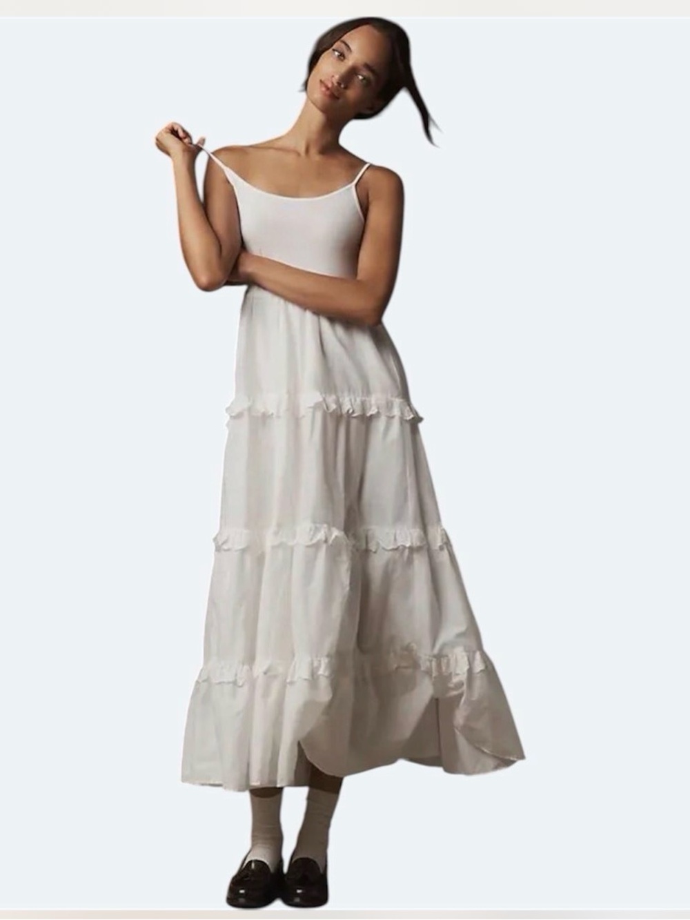 Anthropologie White Tiered Cotton Cottagecore Midi Dress Size Small